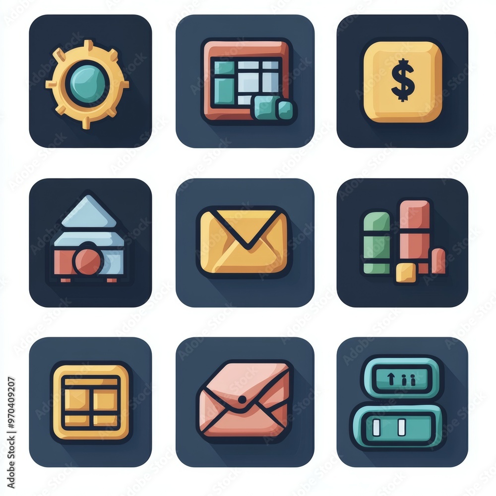 Poster colorful app icons set settings spreadsheet dollar mail graph grid envelope calculator
