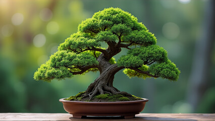 A large green tree with a brown pot sits on a wooden table