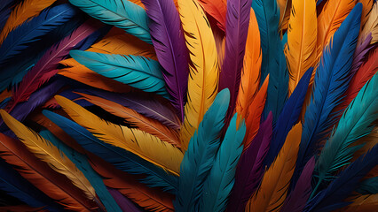 Obraz premium Abstract composition of vibrant, colorful feathers arranged in a circular motion