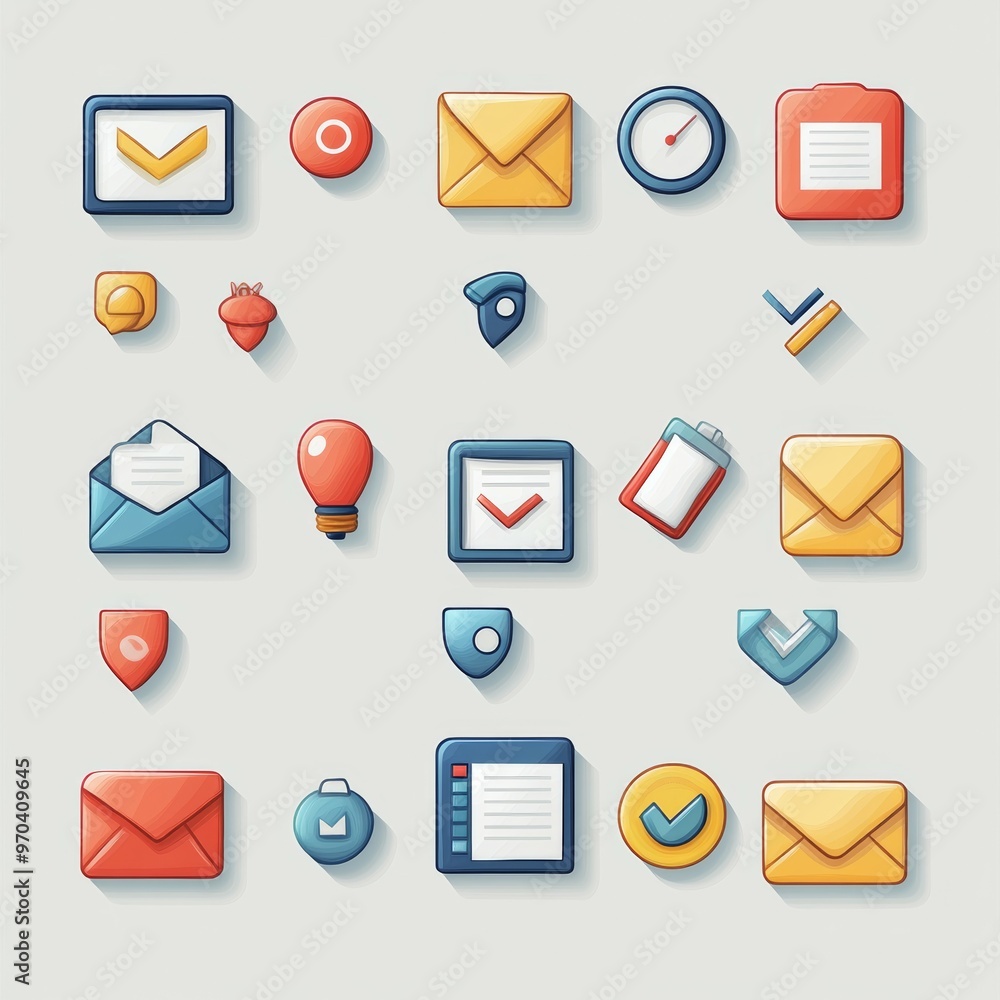 Poster colorful cartoon ui elements buttons icons and mail envelopes