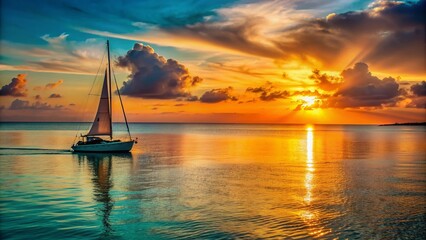 Fototapeta premium a lone sailboat glides across calm turquoise waters as a vibrant orange sunset melts into the horizon, casting a warm golden glow.