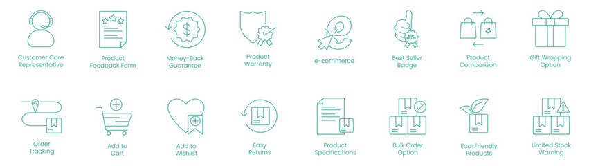 Customer Care Representative, Product Feedback Form, Money Back Guarantee, Product Warranty, E-Commerce, Best Seller Badge, Product Comparison, Gift Wrapping Option vector icon set