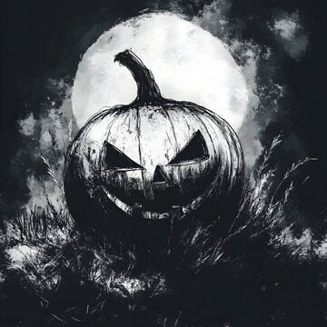 Moody Halloween Line Art Vignette with Haunting Pumpkin Silhouette and Glowing Full Moon