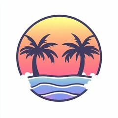 A tranquil sunset casts colorful hues over gentle ocean waves, while palm trees stand gracefully along the shoreline, creating a peaceful atmosphere