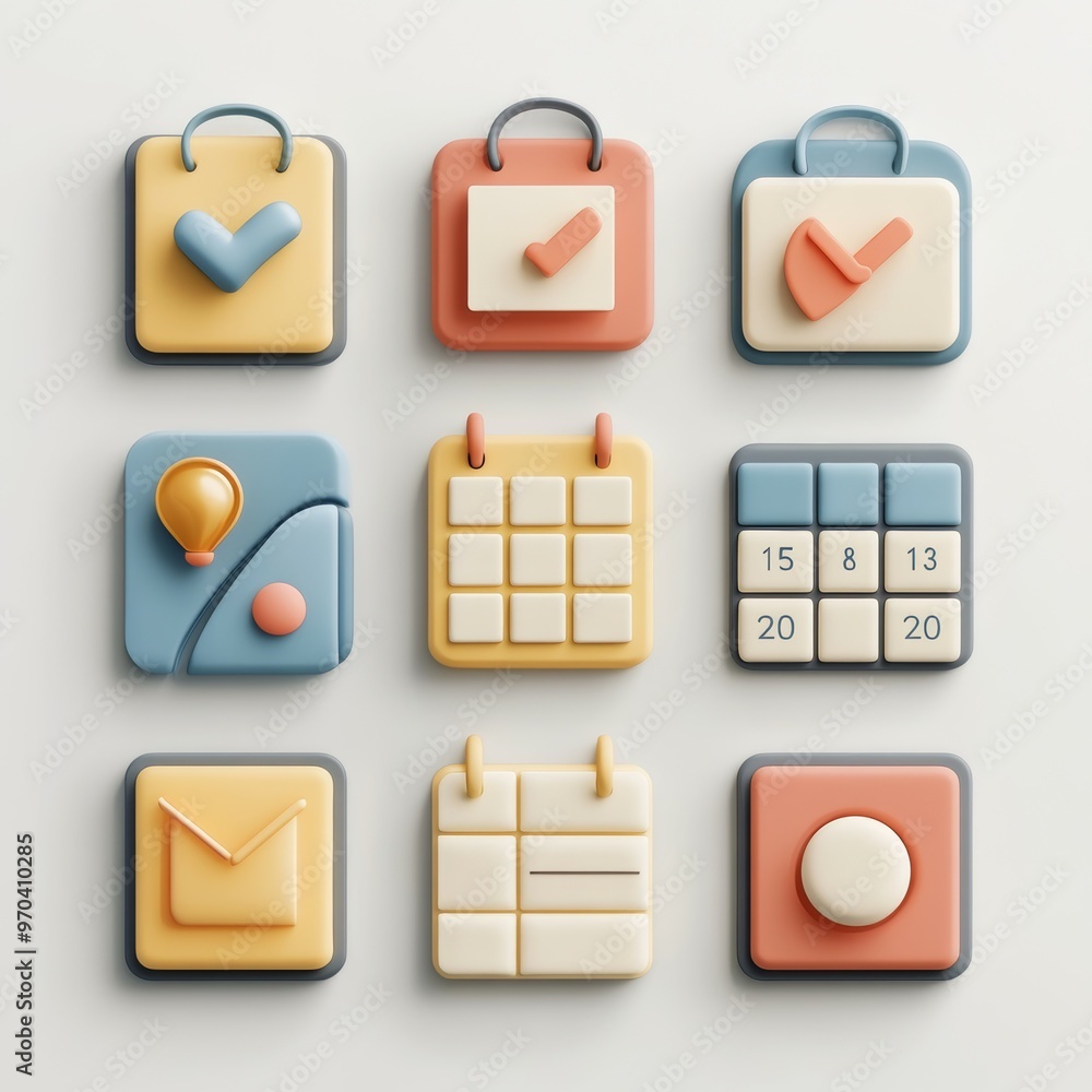 Poster 3d app icons set calendar mail checkmark lightbulb circle