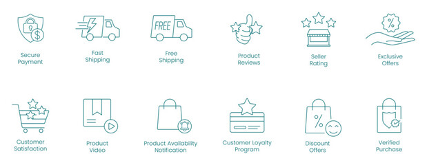 Secure Payment, Fast Shipping, Free Shipping, Product Reviews, Seller Ratings, Exclusive Offers, Customer Satisfaction, Product Video, Product Availability Notification vector icon set