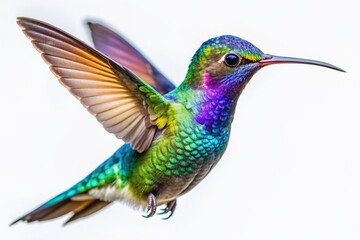 Fototapeta premium Vibrant, iridescent hummingbird in mid-air, wings beating rapidly, set against a clean white background, showcasing its stunning plumage and dynamic motion in exquisite detail.