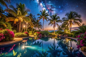 Fototapeta premium Serene and glamorous, a tranquil pool glows under starry night sky, surrounded by lush palm trees and exotic flowers, at a luxurious tropical resort oasis.