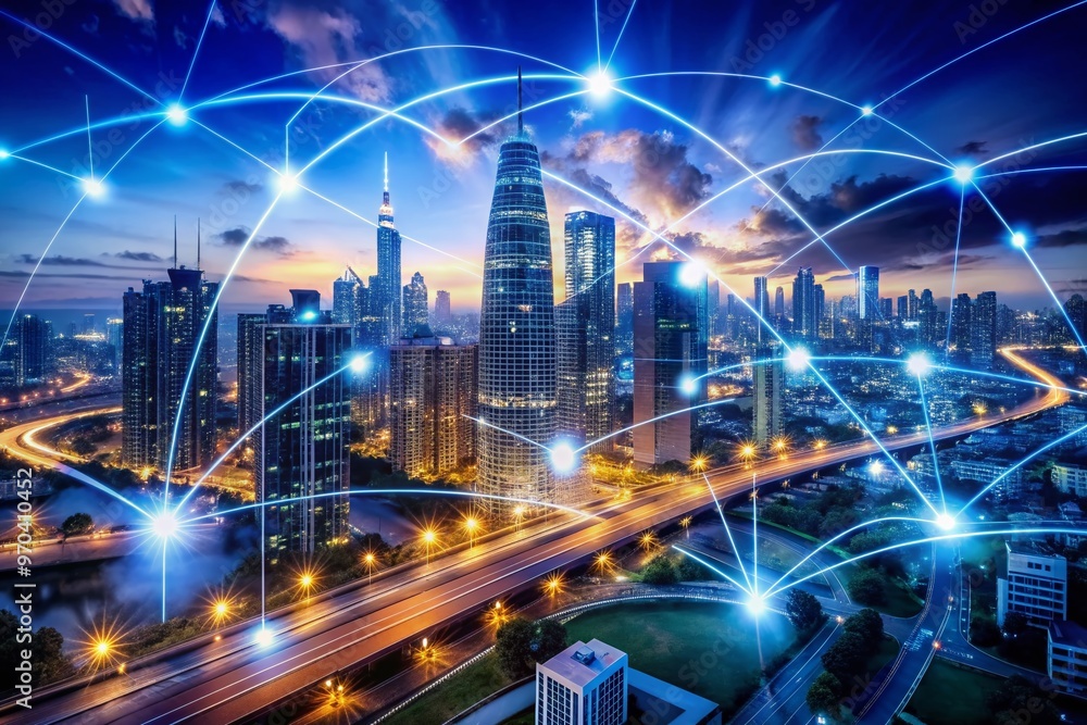 Poster futuristic network infrastructure depicts edge computing benefits, showcasing real-time data process