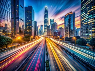 Naklejka premium Blurred cityscape with streaks of light at dusk, capturing the dynamic energy of urban life in motion, with a sense of velocity and momentum.