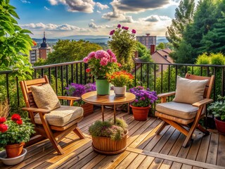 Fototapeta premium Serene outdoor balcony oasis featuring plush chairs, rustic wooden table, and vibrant potted flowers, creating a cozy retreat amidst lush greenery and urban scenery.