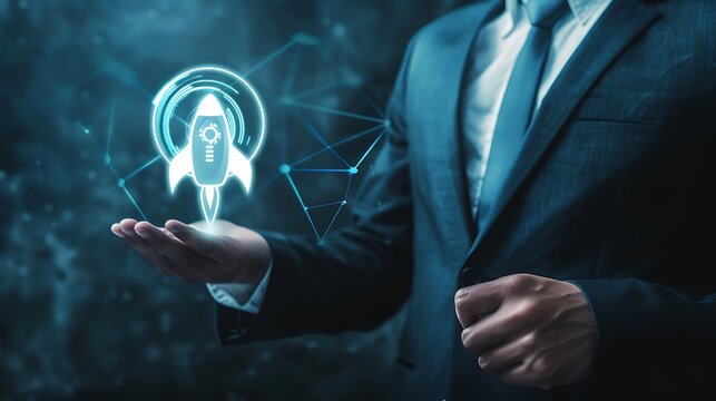 A businessman holding a holographic rocket symbol, symbolizing innovation, progress, and futuristic technology in a business context