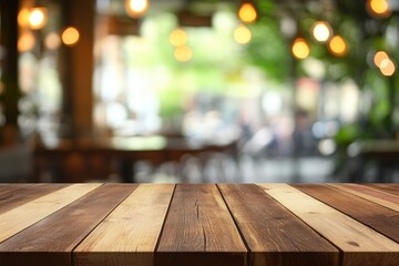 Empty wooden table with blurred restaurant background , ai