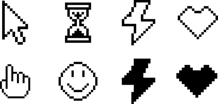 Pixel cursor or computer mouse pointer,hourglass,heart icons set.