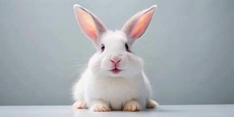 Fototapeta premium Adorable white rabbit with bright eyes and twitching whiskers smiles and giggles, posing on a clean isolated background with ample copy space for Easter designs.