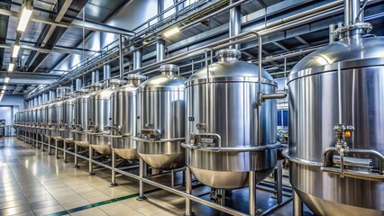 Stainless steel fermentation tanks lined up in a row, filled with bubbling liquids, in a modern biotech facility, producing pharmaceuticals and biochemicals.