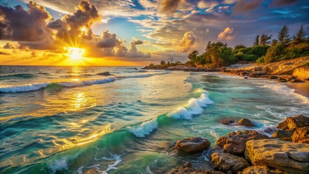 Warm golden sunlight casts a serene glow on the calm turquoise ocean, with gentle waves caressing the rustic rocky shoreline at dawn's early light.