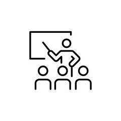 Lecture icon. A simplified representation of a speaker giving a presentation to a group of listeners, symbolizing education, seminars, and public speaking engagements. Vector illustration