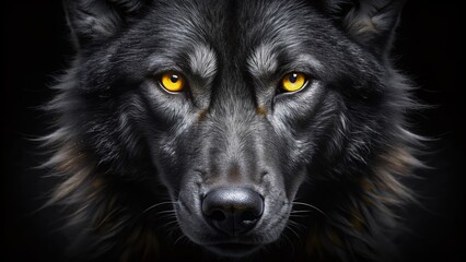 Mysterious wolf eyes gleam intensely in the darkness, piercing yellow irises surrounded by black fur, set against a velvety black background, evoking a sense of wildness.
