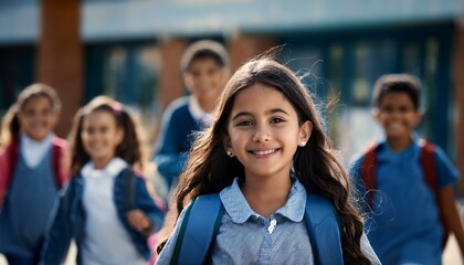 Fototapeta premium Girl's first day at school and her happiness