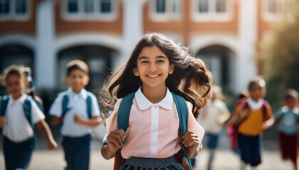 Obraz premium Girl's first day at school and her happiness