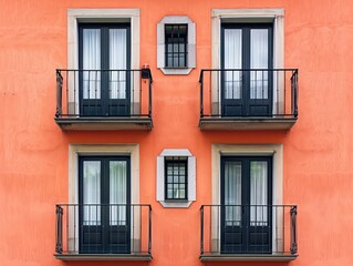 Obraz premium A vibrant orange wall featuring four balconies with black railings and large windows, showcasing architectural design.