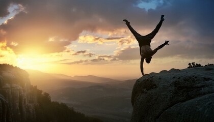 A fearless, brave and crazy person doing a handstand on the peak of the cliff and his successful moves