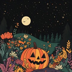 Vibrant Minimalist Halloween with Stylized Jack o Lantern and Whimsical Floral Embellishments