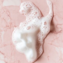 Fototapeta premium Close-up of white foam on a pink marble background. The foam is in the shape of a cloud, with small bubbles visible throughout.