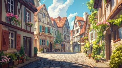 Obraz premium A cobblestone street winds through a charming, picturesque European village with traditional houses and lush greenery. The sun shines brightly, casting long shadows on the street.