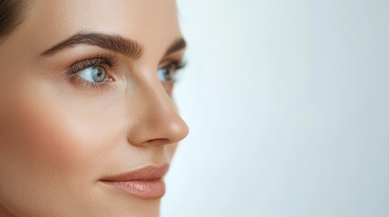 Naklejka premium Close-up portrait of a woman's face, showcasing her blue eyes and defined brow. The photo is shot from a profile perspective.