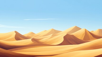 A vast desert landscape with rolling sand dunes and a clear blue sky.