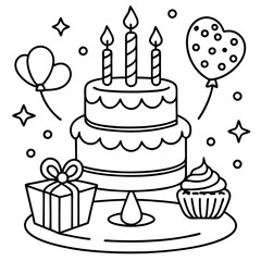 birthday cake items outline coloring book page line art drawing