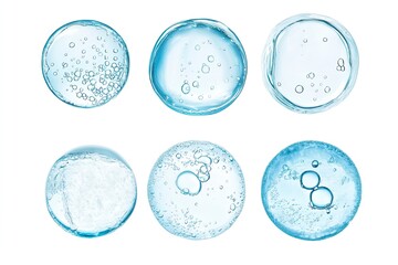 Water serum drop texture. Liquid gel with bubbles circle set . Clear toner, cosmetic product swatch isolated on white background , ai