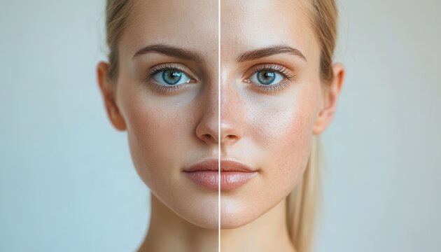 Woman's face split in two, one side with natural skin tone, the other with a lighter, edited tone.