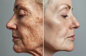 

A woman before and after using the facial treatment, showing her wrinkles fading out and her skin looking more radiant and smooth