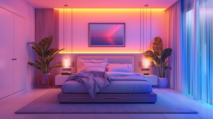 Bedroom with smart air quality monitor, relaxing colors, and elegant bed