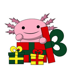 Christmas cute cartoon Axolotl with gifts box in color