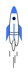 A blue and white rocket with an exhaust trail is launching upwards. Ideal for space exploration, innovation, startup growth, technology, futuristic themes. Minimalist cartoon style.