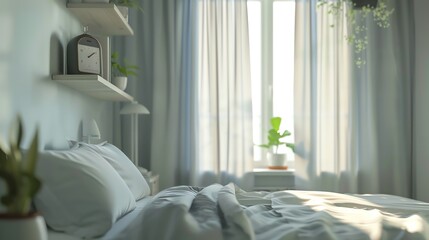 Bedroom with smart alarm clock, automated curtains, and calming colors