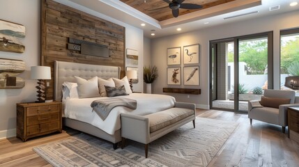 Bedroom with smart ceiling fan, peaceful lighting, and relaxing environment