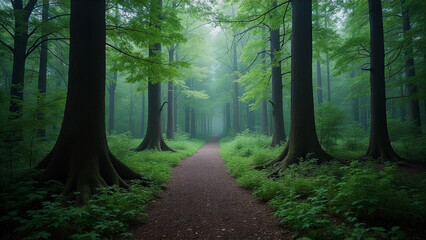 Fototapeta premium A forest path with trees on either side