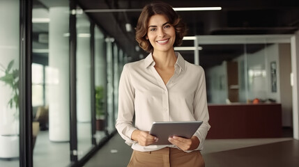 A confident businesswoman stands in an office, holding her tablet and smiling at the camera in professional-style attire.