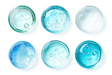 Water serum drop texture. Liquid gel with bubbles circle set . Clear toner, cosmetic product swatch isolated on white background , ai