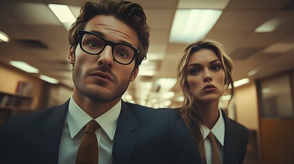 Eccentric and quirky employees - low angle shot - at their desks - frustrated - aggravated - retro...