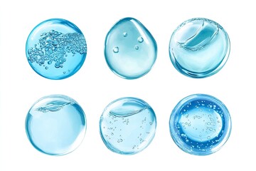 Water serum drop texture. Liquid gel with bubbles circle set . Clear toner, cosmetic product swatch isolated on white background , ai