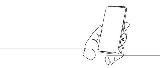 hand holding phone  line art style vector with transparent background. © Proongnee