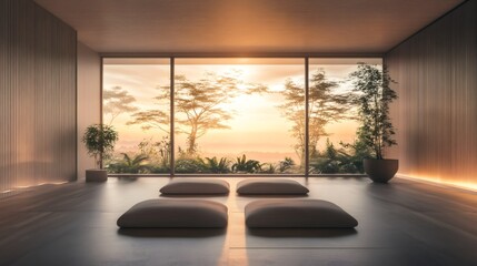 A minimalist meditation room with large windows overlooking a sunset and trees, with four meditation cushions on the wooden floor.