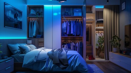 Bedroom with smart wardrobe, mood lighting, and personalized decor