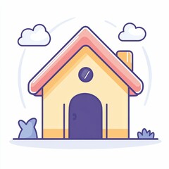 A whimsical house design features a slanting roof, a round window, and is set against a backdrop of fluffy clouds and lush greenery, evoking warmth